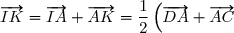 \overrightarrow{IK} = \overrightarrow{IA} + \overrightarrow{AK} = \dfrac{1}{2}\left(\overrightarrow{DA} + \overrightarrow{AC}\right) = \dfrac{1}{2}\overrightarrow{DC}